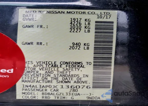 2018 Nissan Altima 2.5 z USA, uszkodzony, nr VIN 1N4AL3AP0JC136076